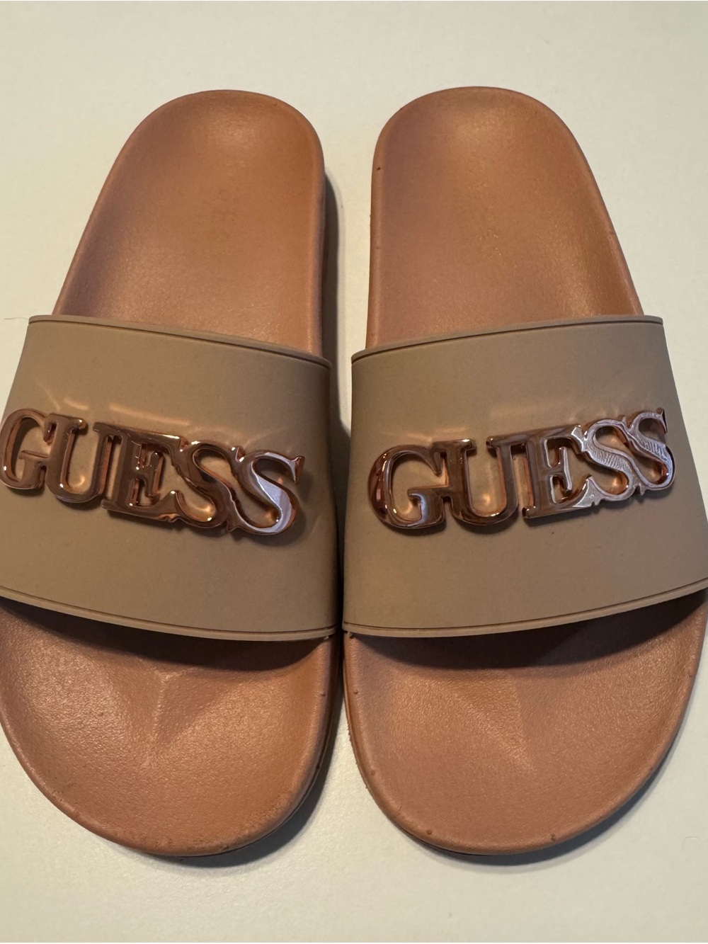 Guess Slide Sandals in Blush with Rose Gold Logo